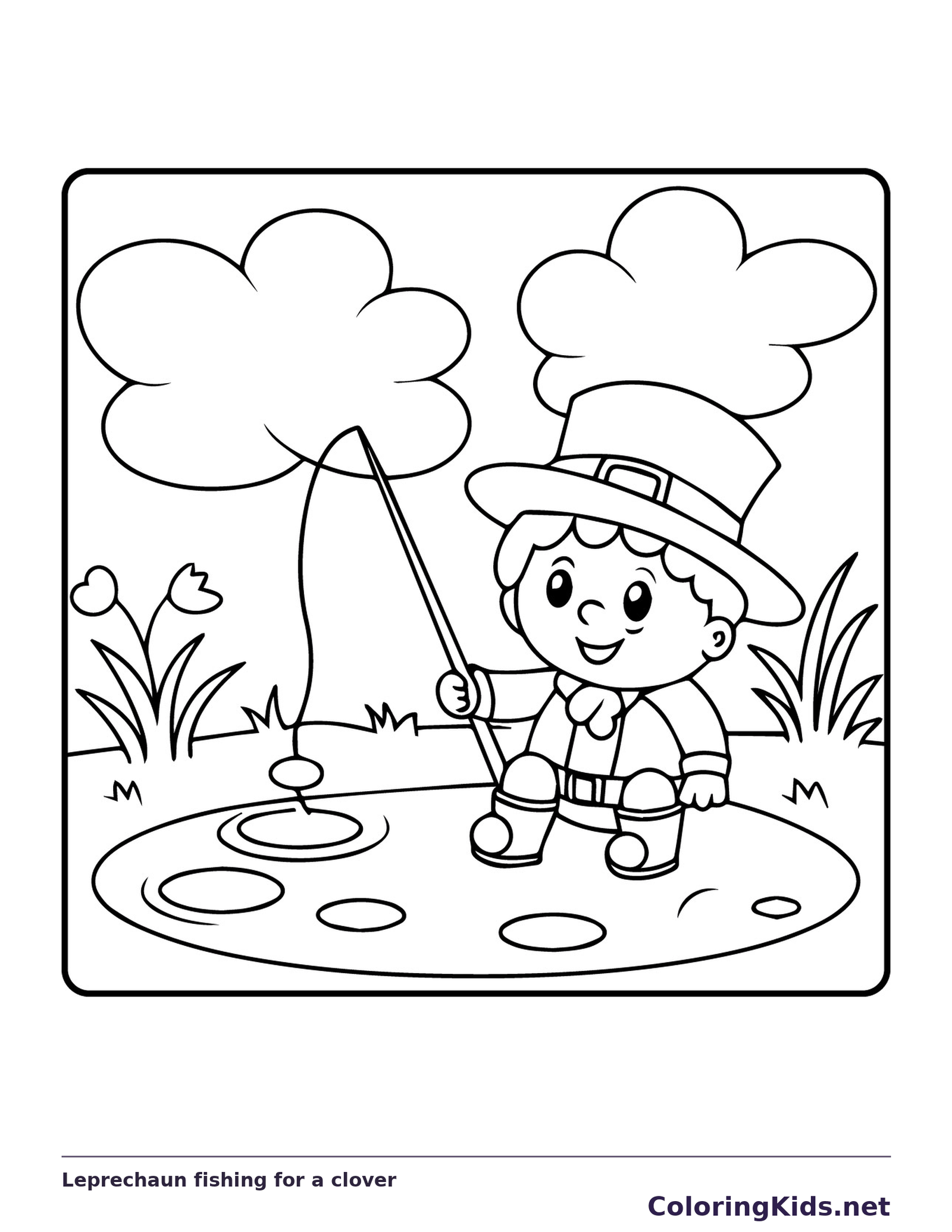 Black and white printable leprechaun fishing for a clover coloring sheet