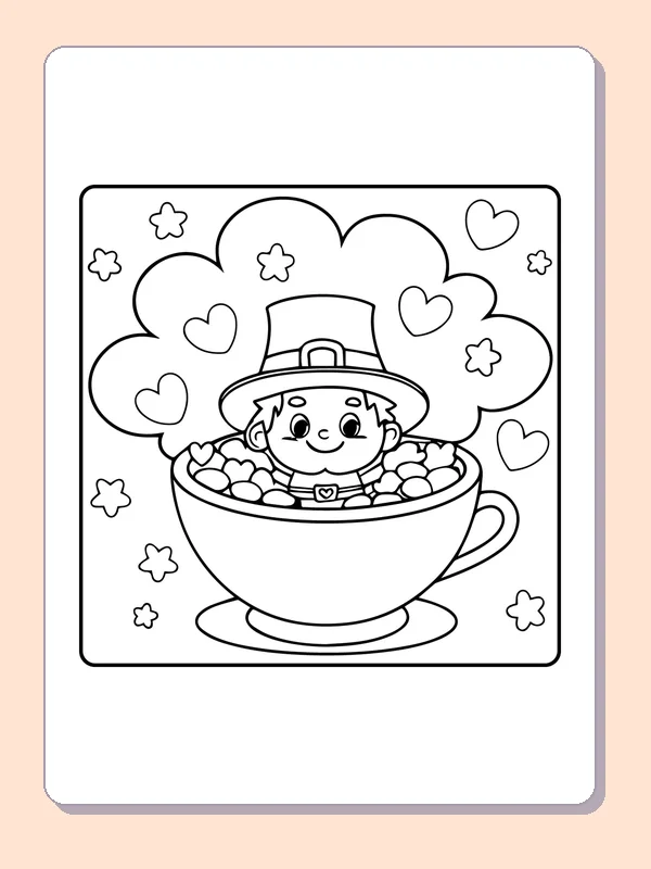 Black and white printable leprechaun hiding in a teacup coloring sheet