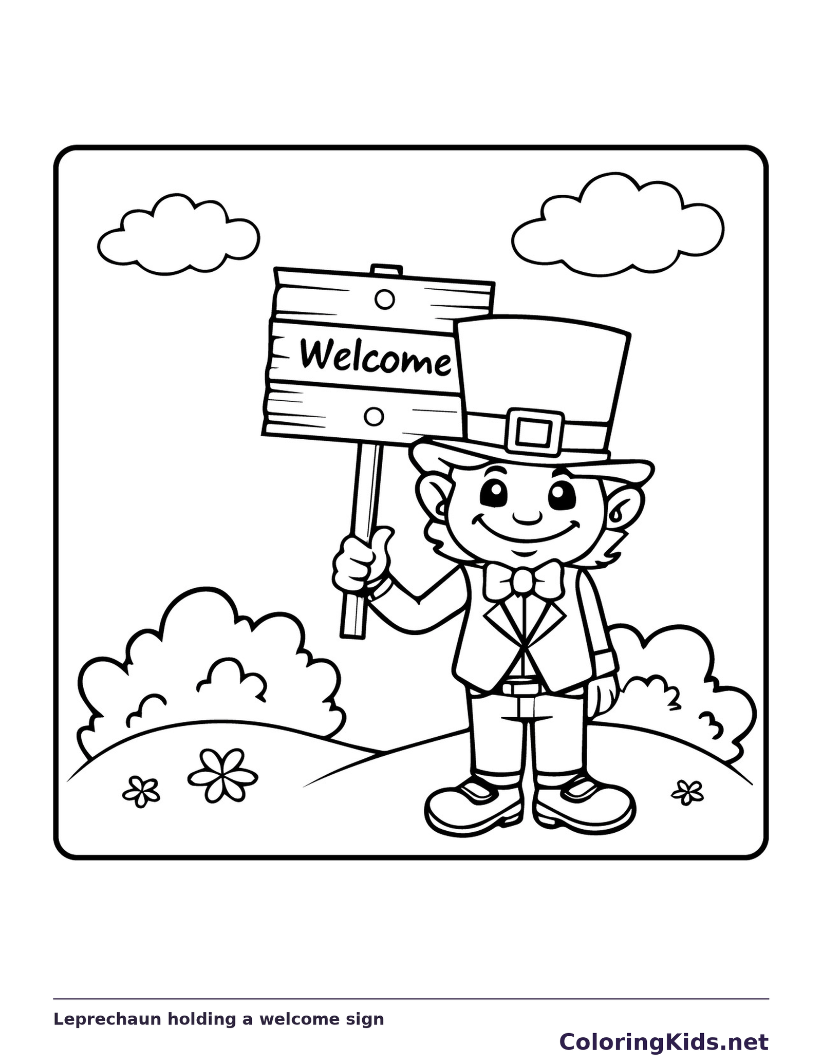 Black and white printable leprechaun holding a welcome sign coloring sheet