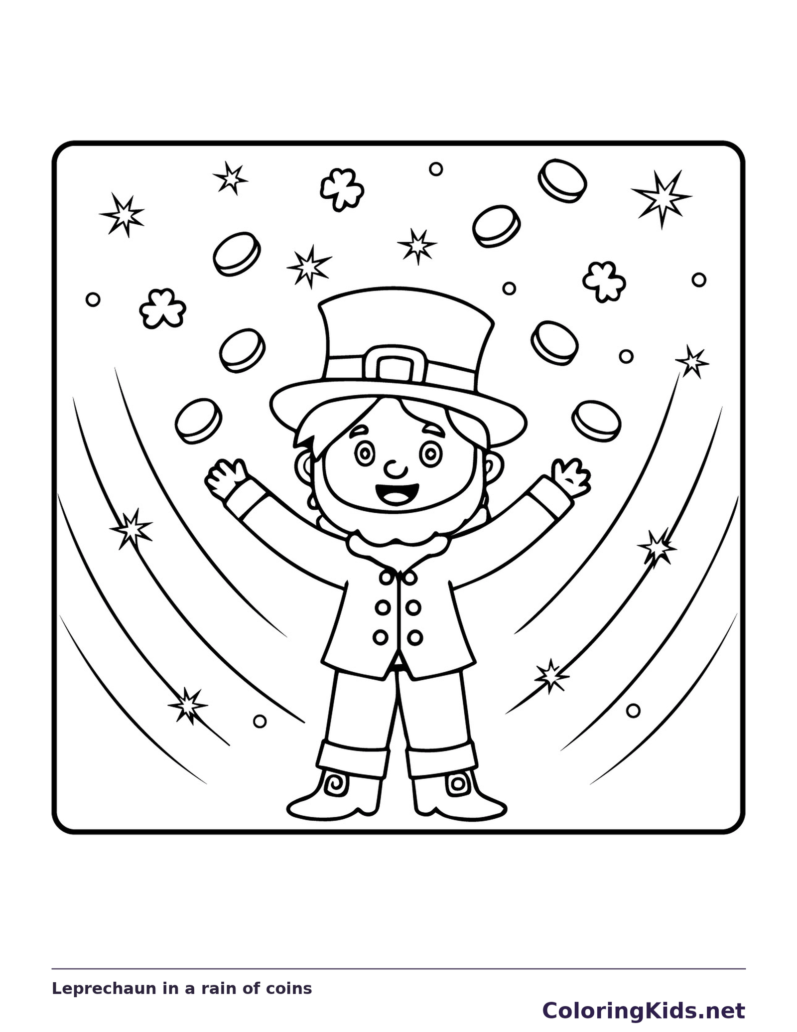 Black and white printable leprechaun in a rain of coins coloring sheet