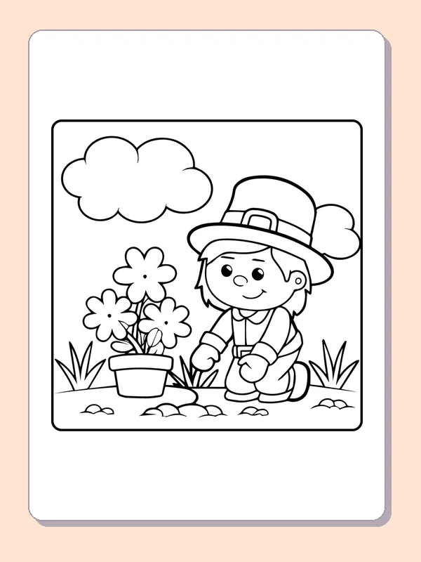 Black and white printable leprechaun planting clovers coloring sheet