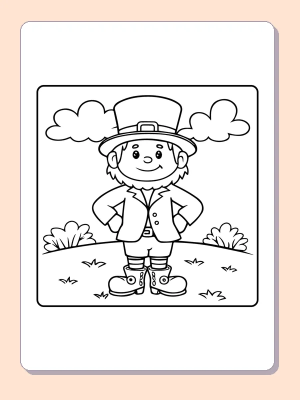 Black and white printable leprechaun posing beneath clouds coloring sheet
