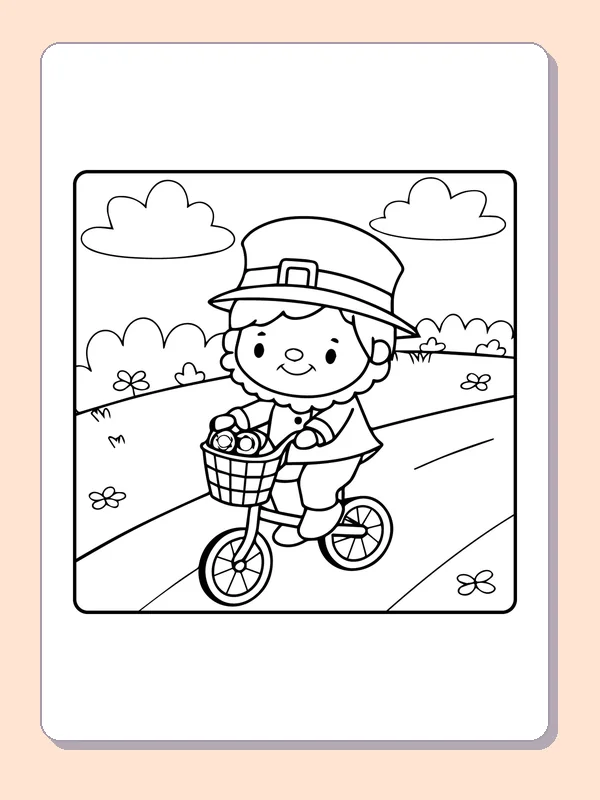 Black and white printable leprechaun riding a bicycle coloring sheet