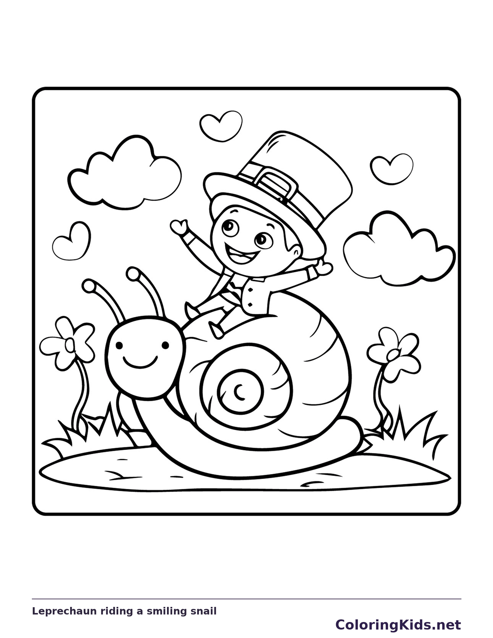 Black and white printable leprechaun riding a smiling snail coloring sheet