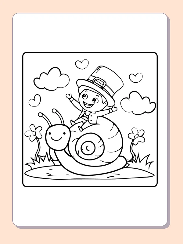 Black and white printable leprechaun riding a smiling snail coloring sheet