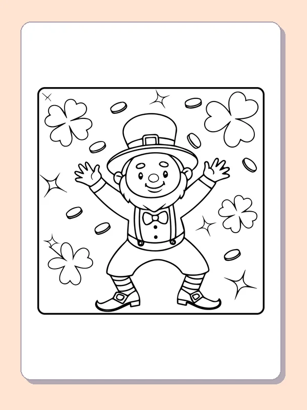 Black and white printable leprechaun tossing lucky coins coloring sheet