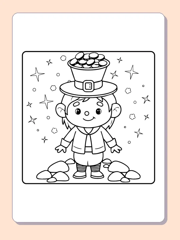 Black and white printable leprechaun under a hat of coins coloring sheet