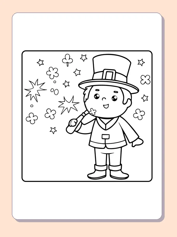 Black and white printable leprechaun waving a star wand coloring sheet