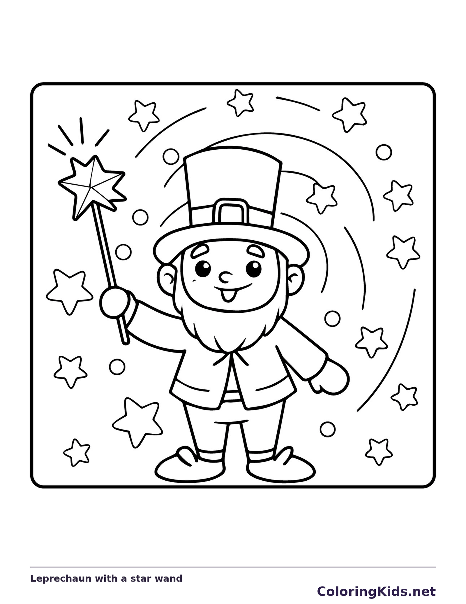 Black and white printable leprechaun with a star wand coloring sheet