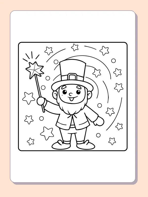 Black and white printable leprechaun with a star wand coloring sheet