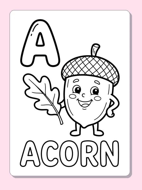 A is for acorn coloring page with black and white outlines for printing or coloring online