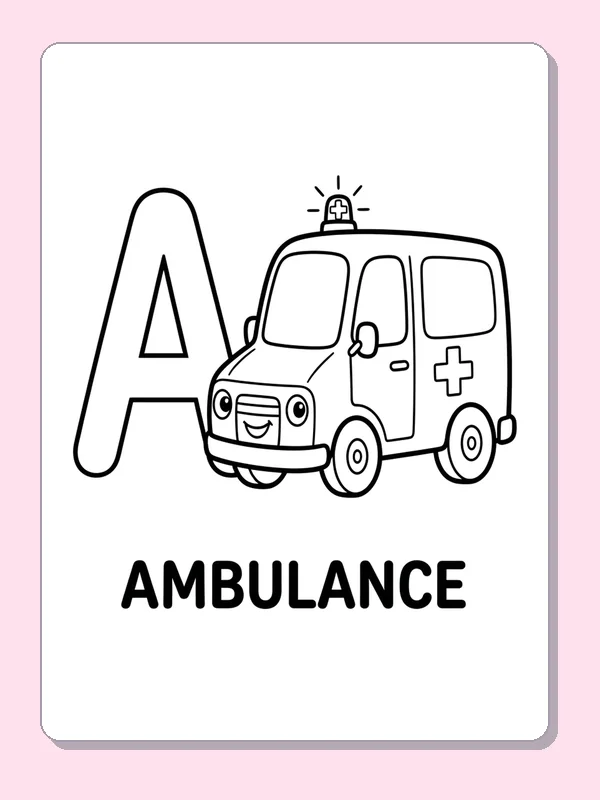 A is for ambulance coloring page with black and white outlines for printing or coloring online