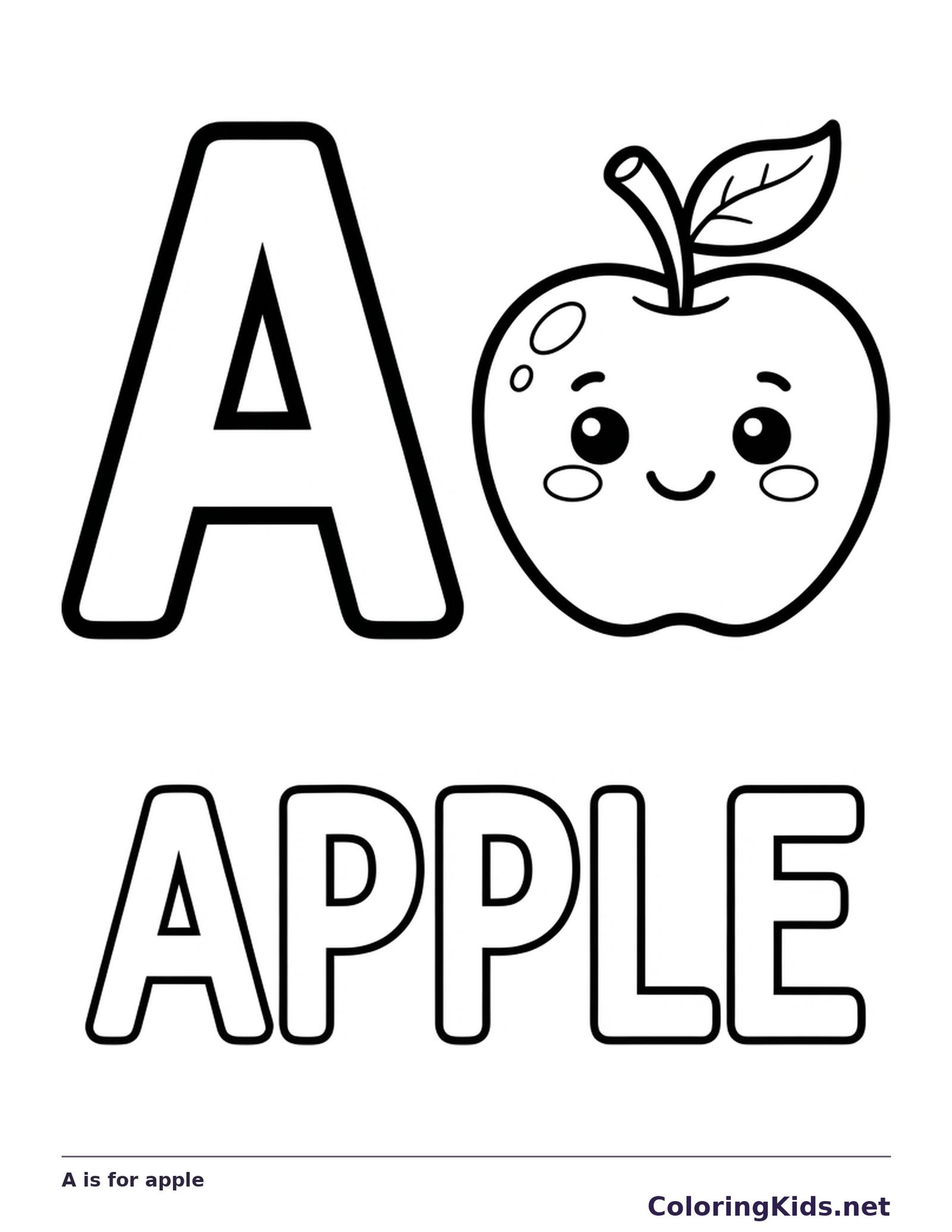 A is for apple coloring page with black and white outlines for printing or coloring online