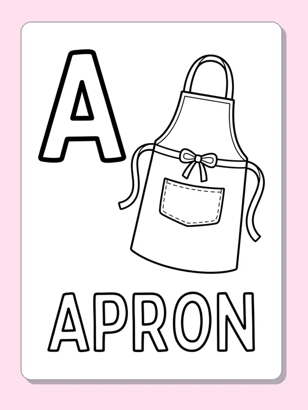 A is for apron coloring page with black and white outlines for printing or coloring online