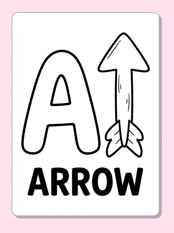 A is for arrow coloring page with black and white outlines for printing or coloring online