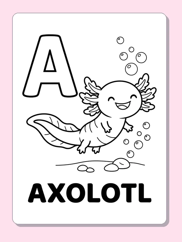 A is for axolotl coloring page with black and white outlines for printing or coloring online