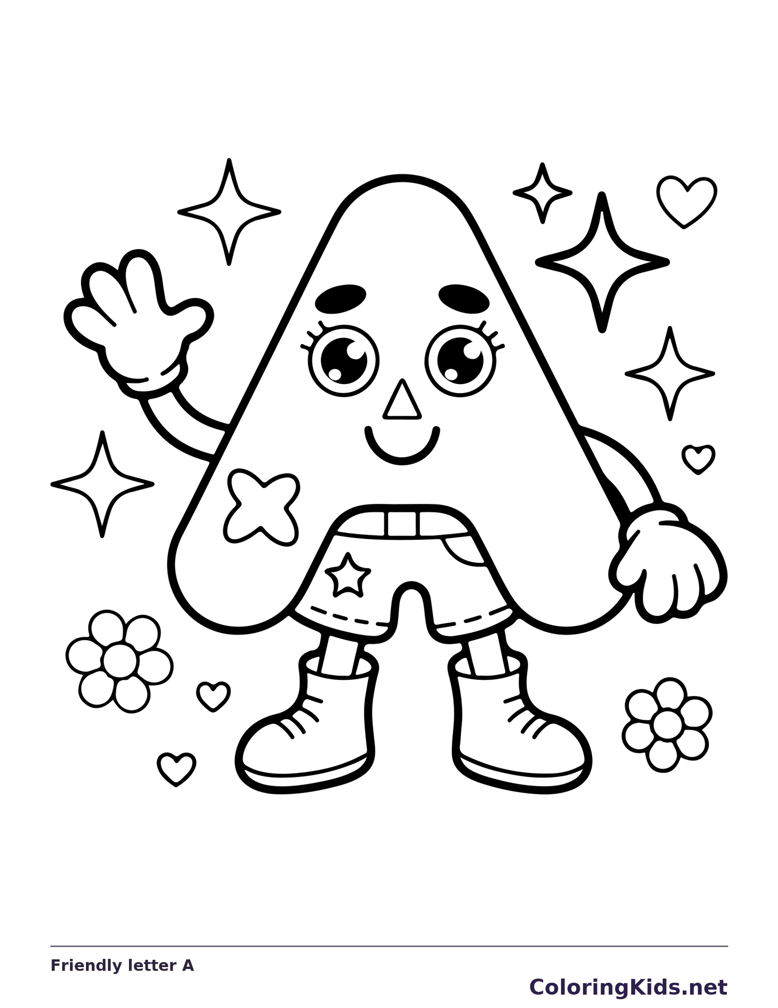 Friendly letter A coloring page with black and white outlines for printing or coloring online