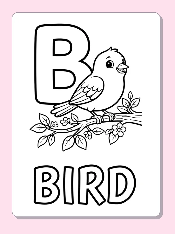 Large B beside a bird on a leafy branch above BIRD
