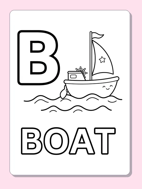 Large B beside a smiling sailboat above BOAT