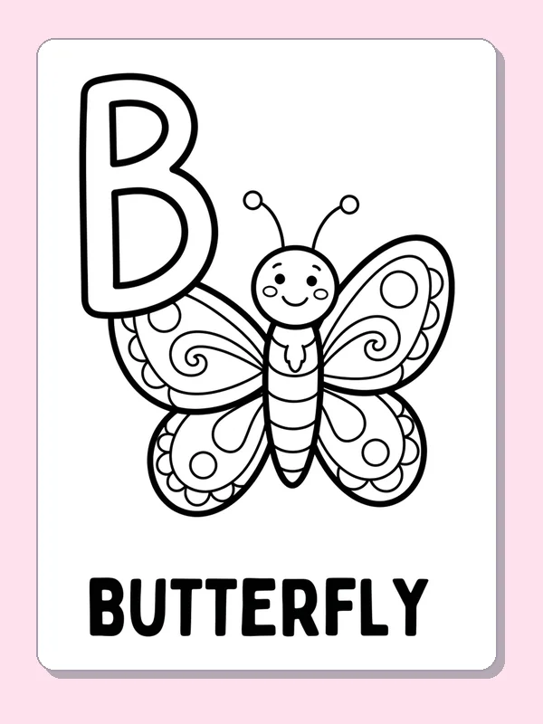 Large B beside a patterned butterfly above BUTTERFLY