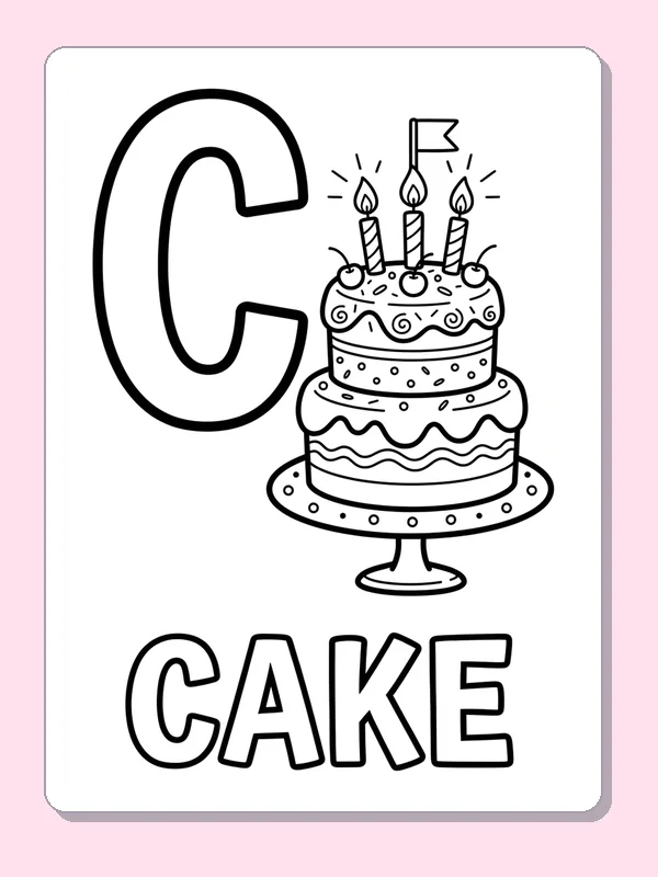 A tall layered birthday cake with candles sits beside C, with outlined CAKE letters and frosting patterns below