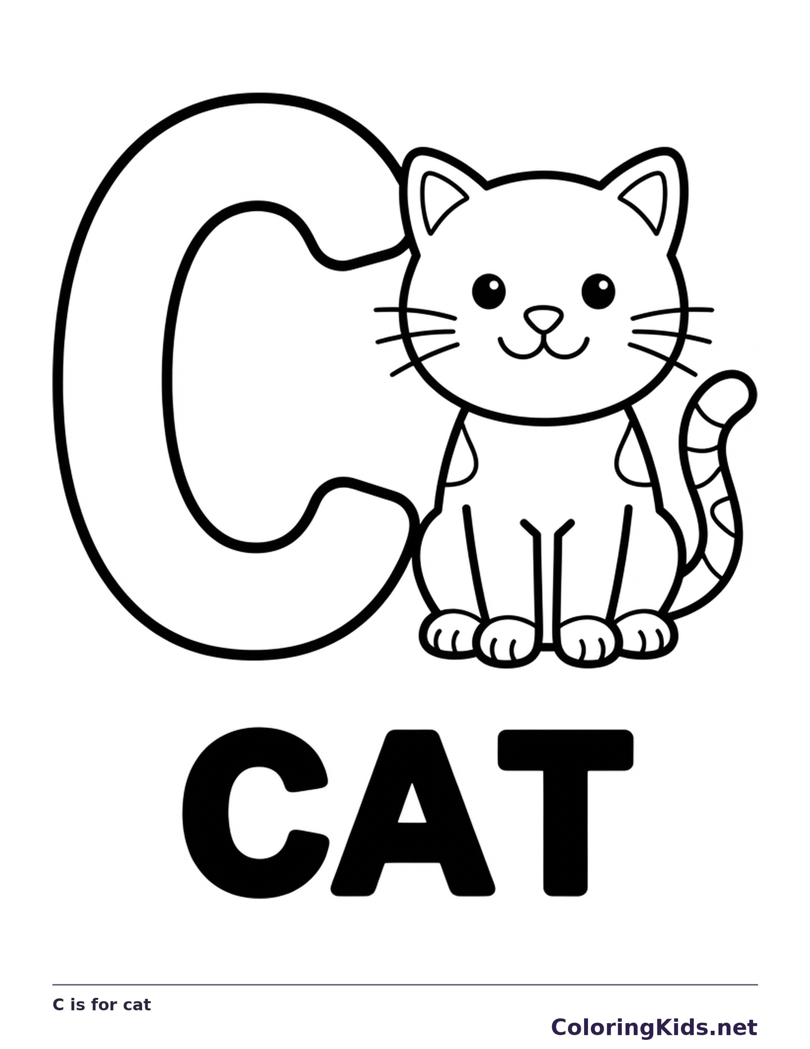 A round-eyed kitten sits beside a wide outlined C, with whiskers, striped fur and a curled tail to color
