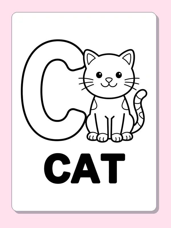 A round-eyed kitten sits beside a wide outlined C, with whiskers, striped fur and a curled tail to color