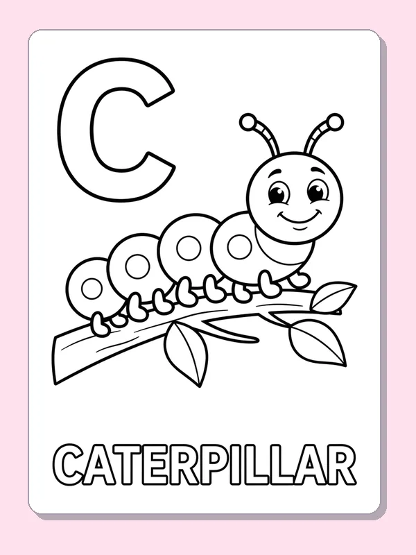 A caterpillar rests on a leafy branch next to C, with round body sections and long outlined CATERPILLAR letters