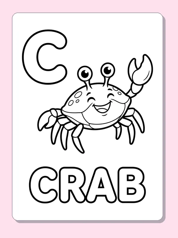 A smiling crab raises one claw beside a broad C, with several legs and large outlined CRAB letters underneath