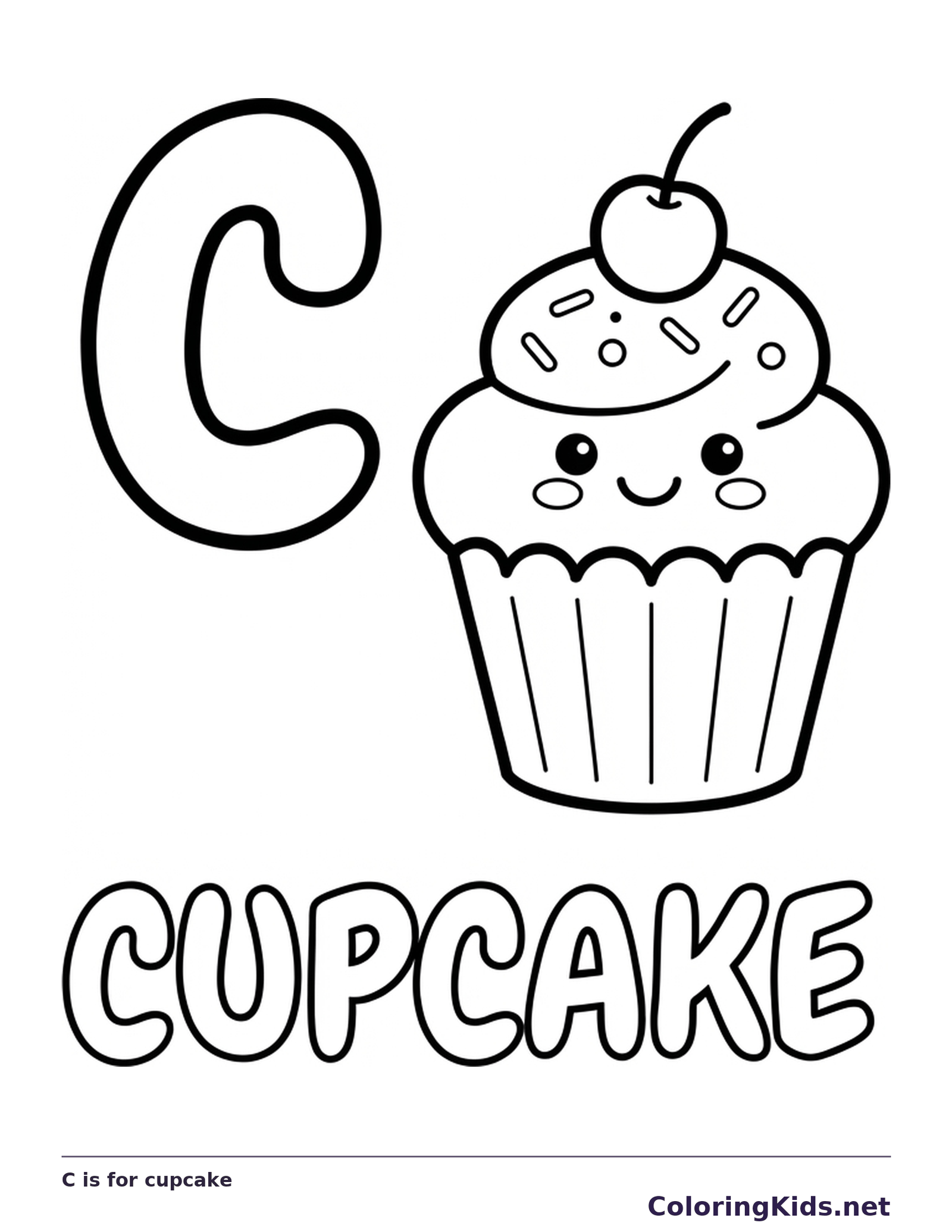 A cheerful cupcake has swirled frosting and a cherry beside C; the CUPCAKE label is outlined for coloring
