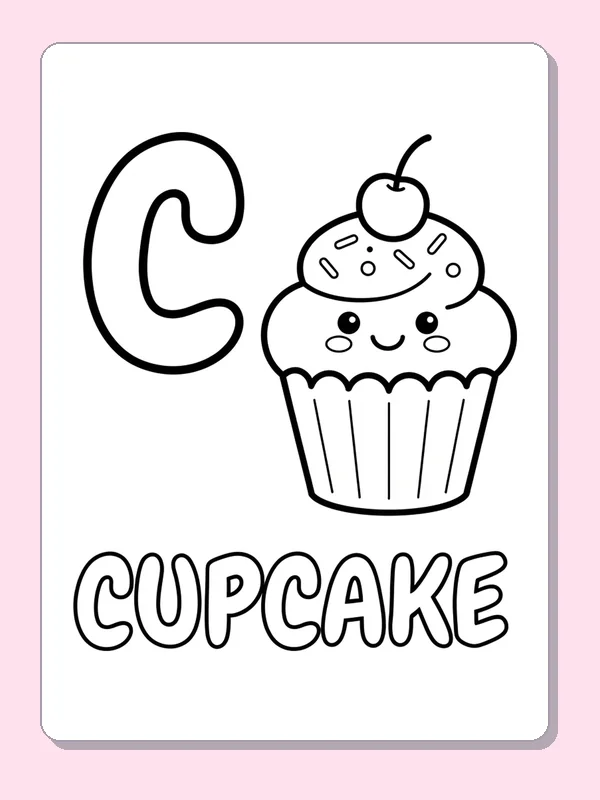 A cheerful cupcake has swirled frosting and a cherry beside C; the CUPCAKE label is outlined for coloring