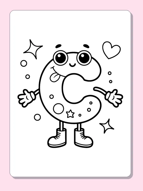 Smiling spotted letter C with hands, shoes and stars