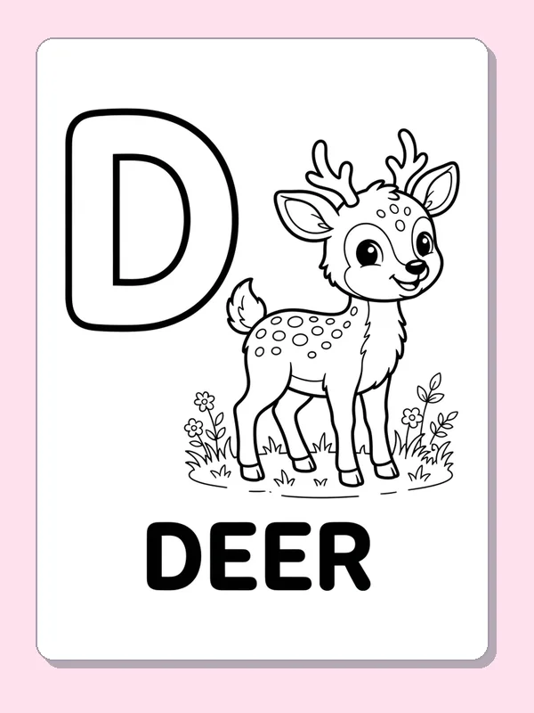 A young spotted deer with small antlers stands among flowers beside D, over a solid DEER label