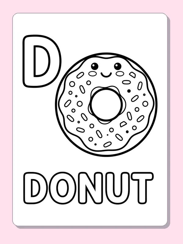 A ring donut with icing and scattered sprinkles sits beside D, above large outlined DONUT letters