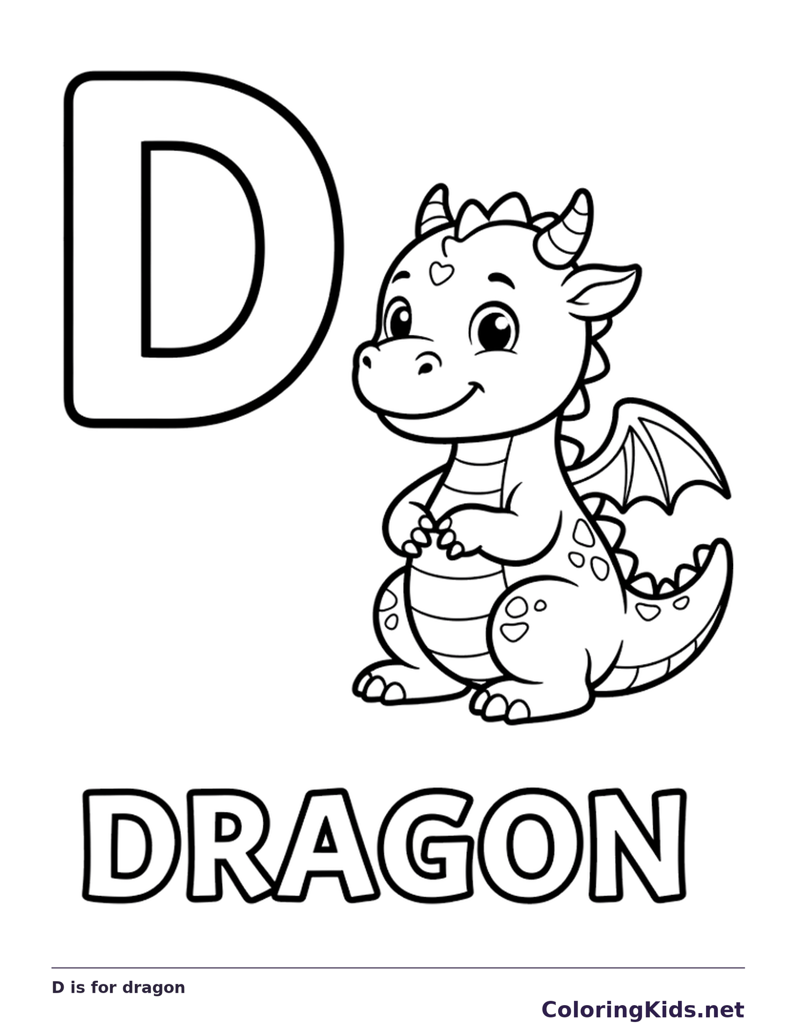 A smiling little dragon with horns, wings and a curled tail sits beside D above outlined DRAGON letters