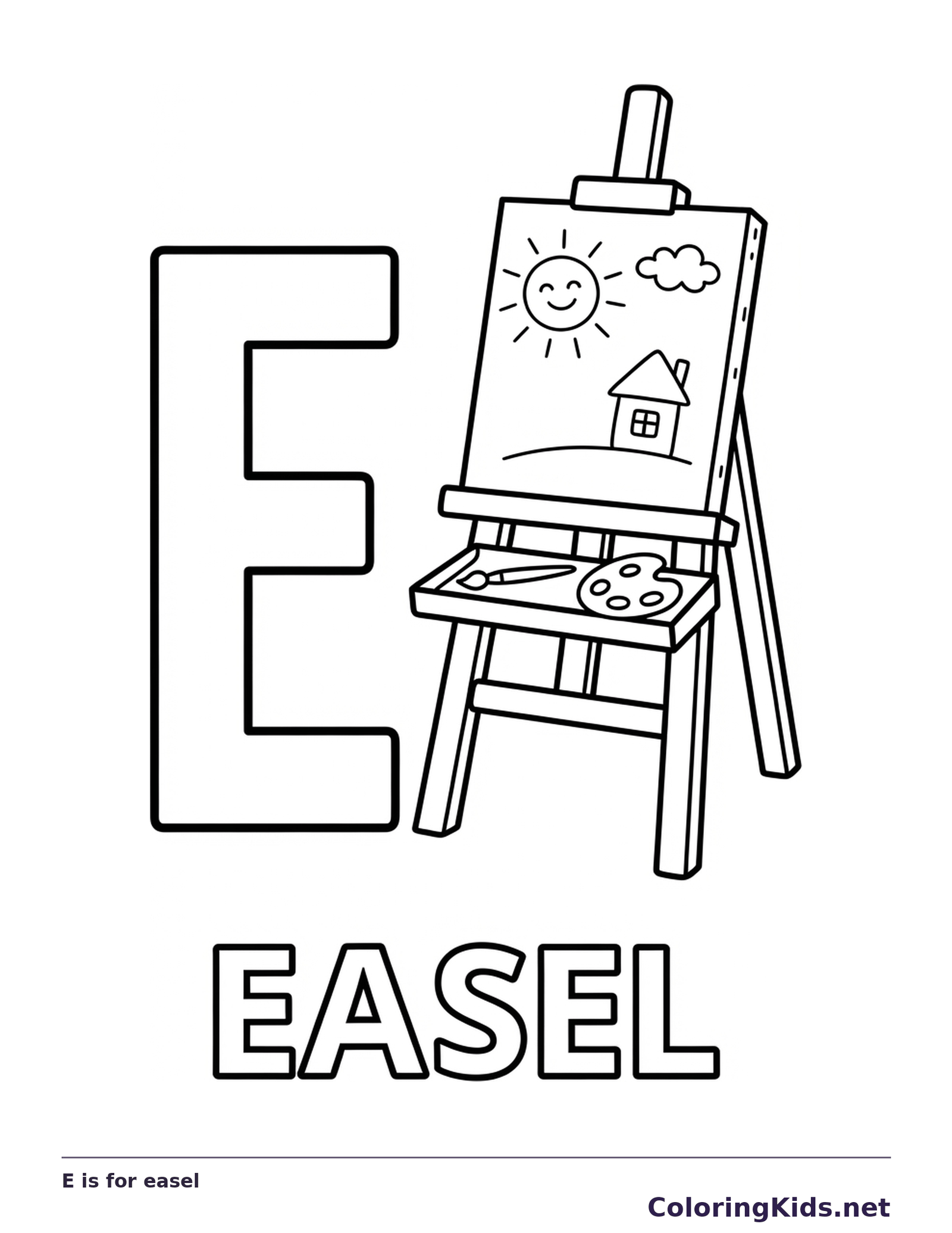 An easel holds a sunny house drawing beside E, with a paint palette and outlined EASEL letters below