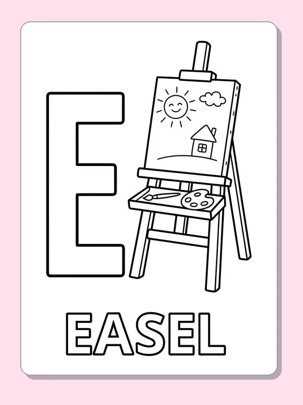 An easel holds a sunny house drawing beside E, with a paint palette and outlined EASEL letters below