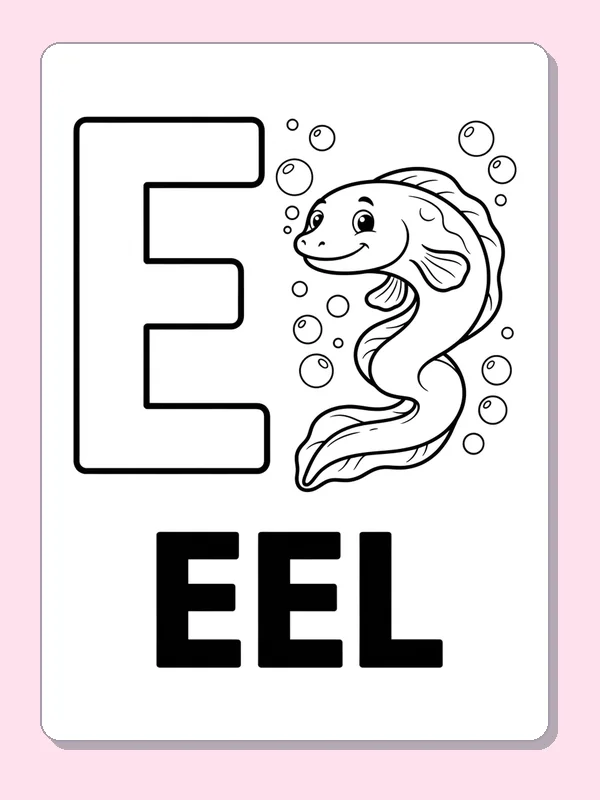 A smiling eel swims through bubbles next to E over a solid EEL label, with room for an underwater background