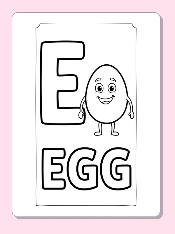 A smiling egg stands beside E inside a slim border, above big outlined EGG letters ready for a patterned shell