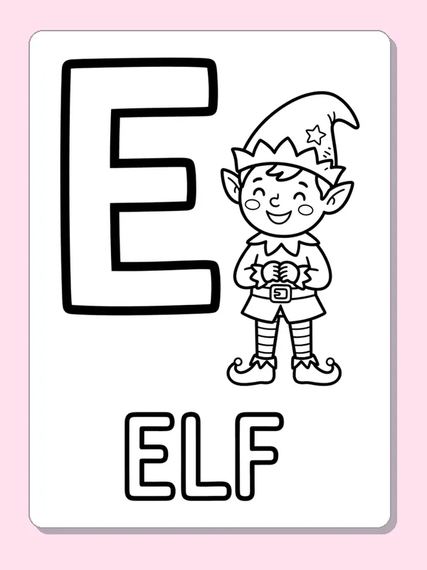 A small elf in a pointed hat stands next to E above outlined ELF letters; the original has an inset image border