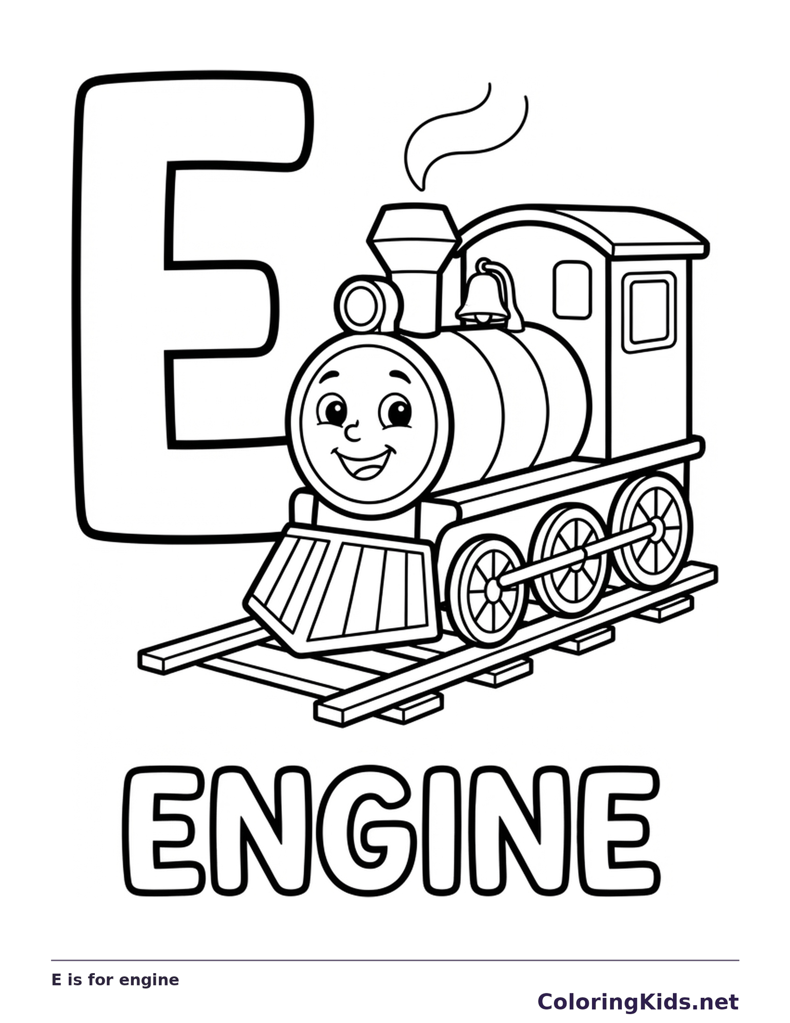 A cheerful steam train travels on short tracks beside E, with wheels, funnel and outlined ENGINE letters