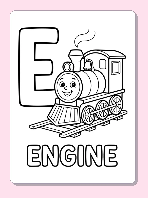 A cheerful steam train travels on short tracks beside E, with wheels, funnel and outlined ENGINE letters
