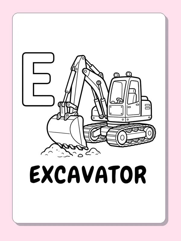 An excavator rests its digging bucket on a dirt pile next to E, above a bold EXCAVATOR label