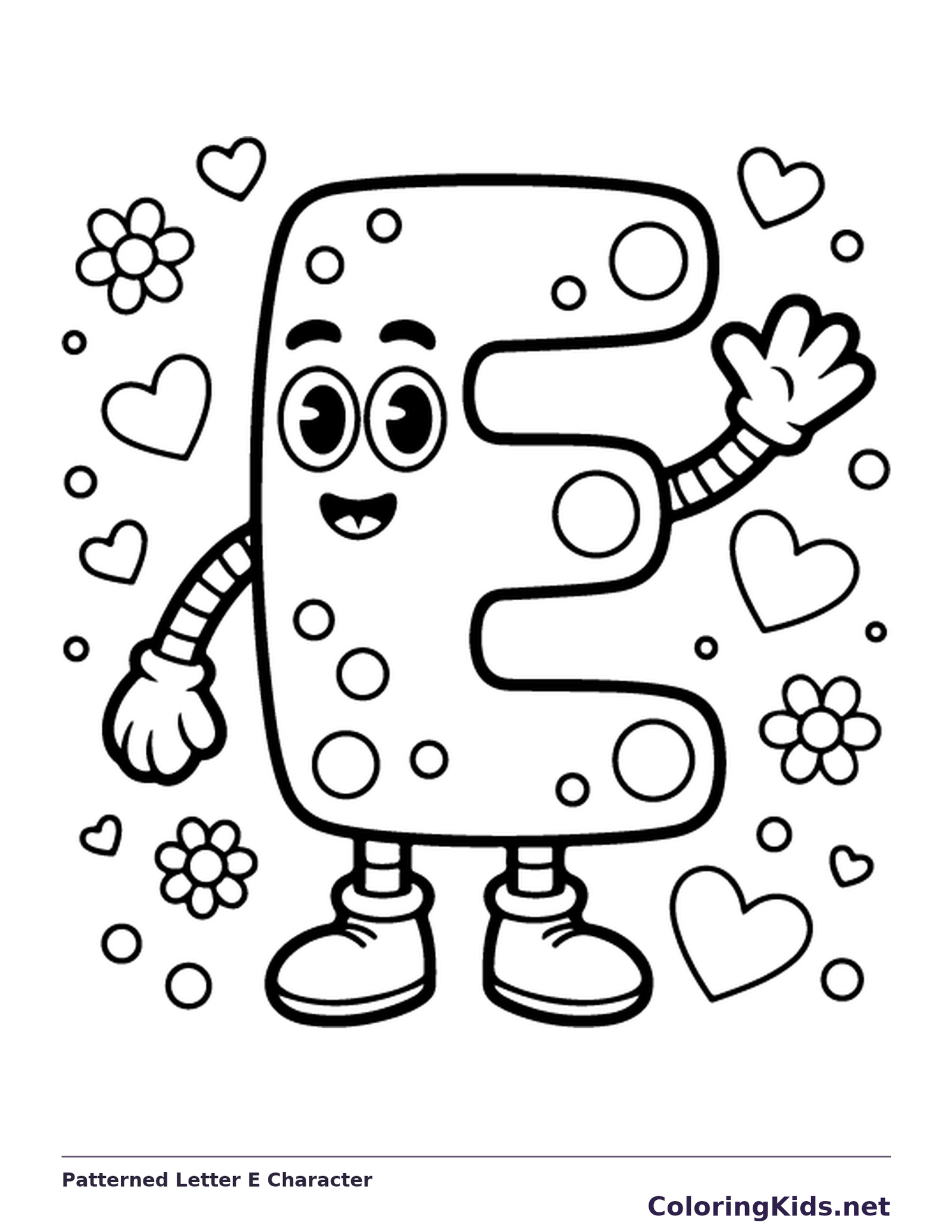 Smiling dotted letter E with gloves, boots and flowers