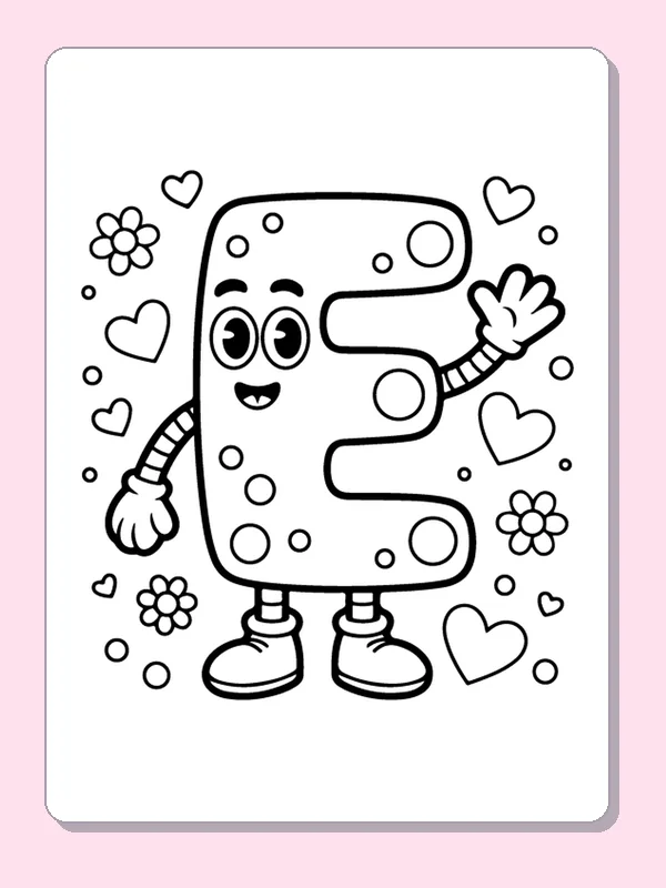 Smiling dotted letter E with gloves, boots and flowers
