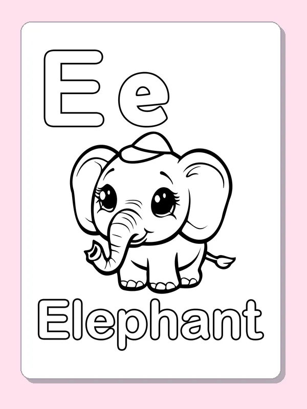 Uppercase and lowercase E with elephant illustration and outlined word