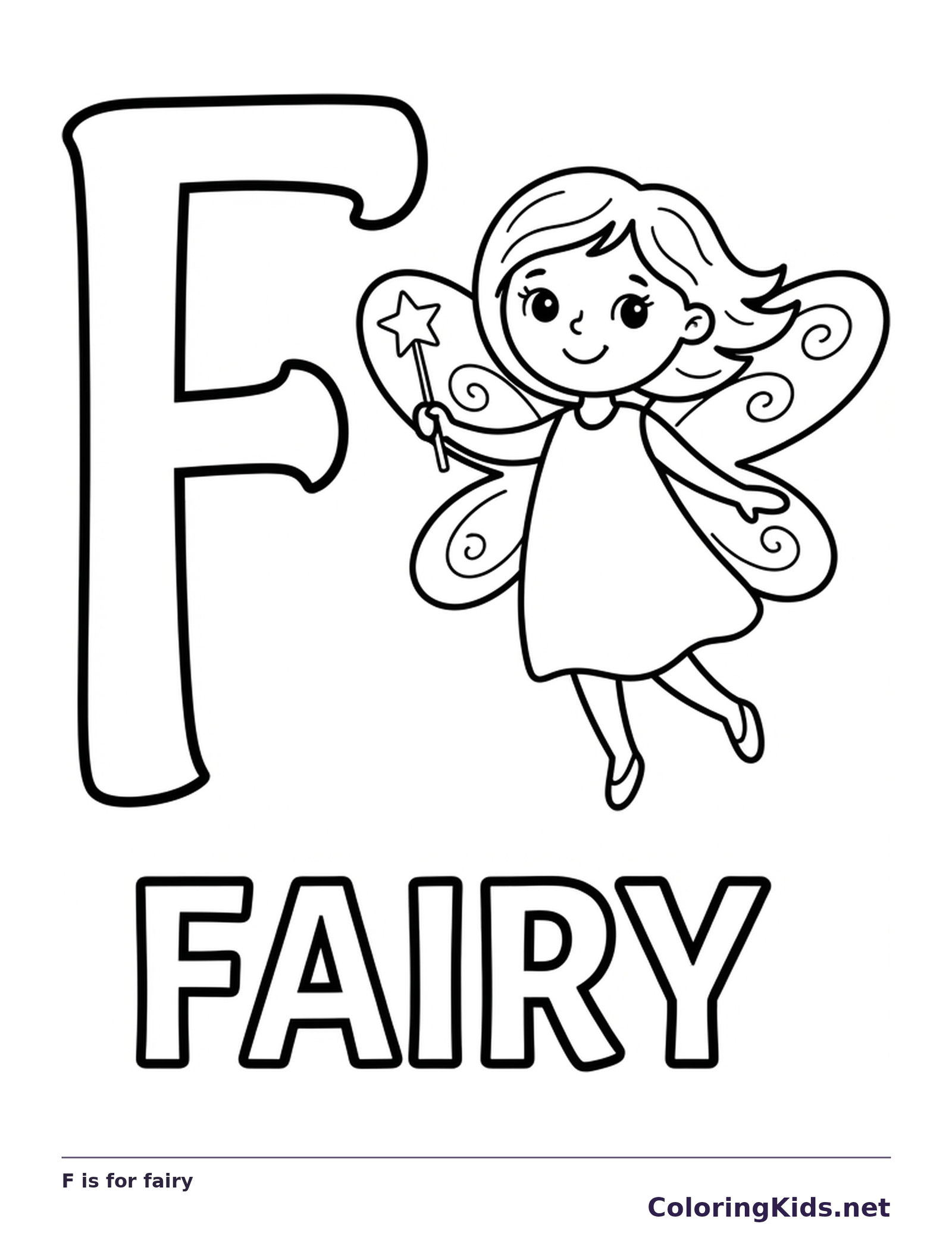 Letter F beside a winged fairy with a wand and word FAIRY