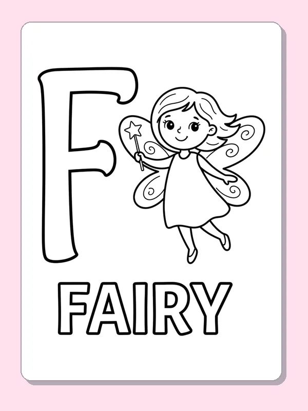Letter F beside a winged fairy with a wand and word FAIRY