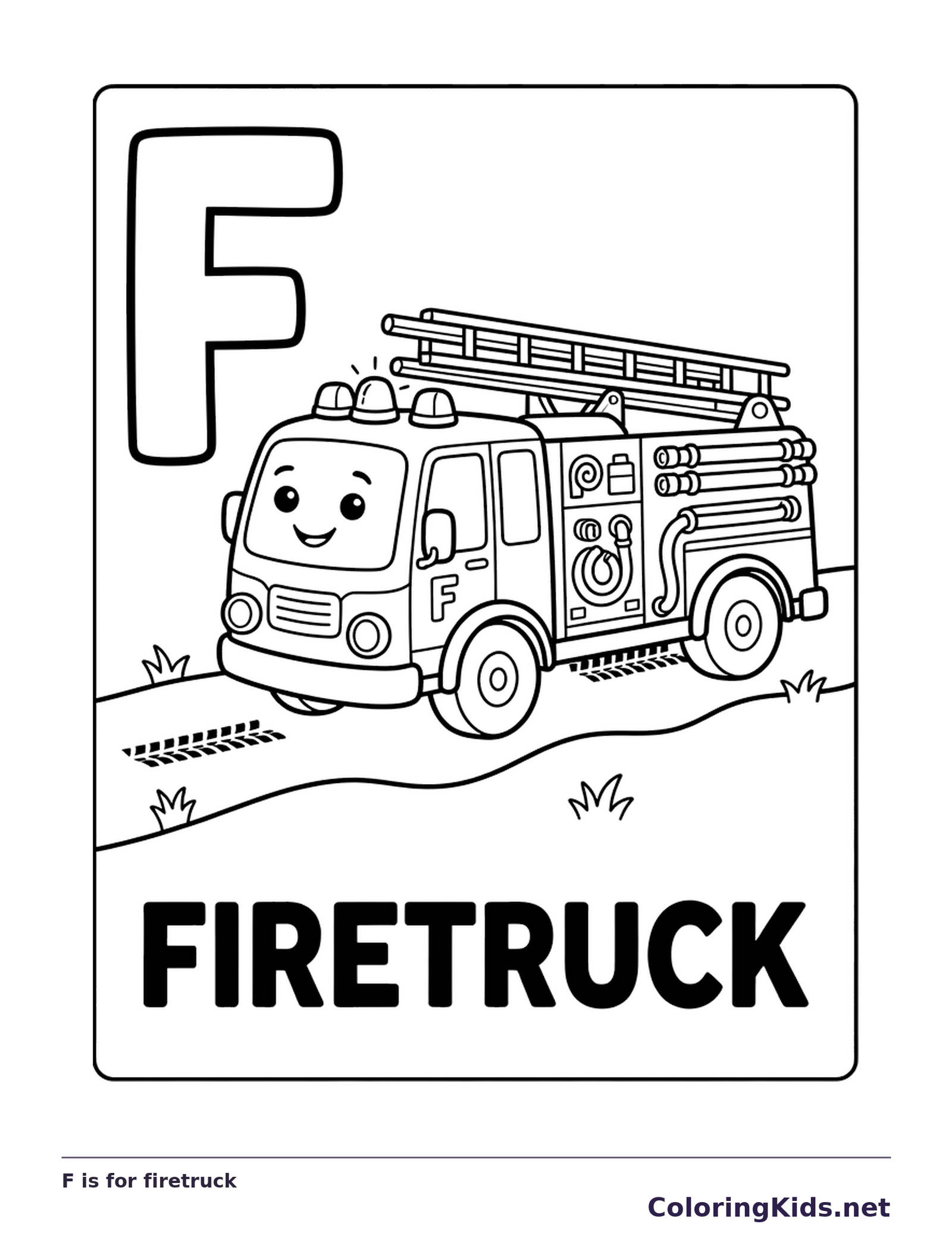 Uppercase F and detailed firetruck with ladder, hoses and printed word