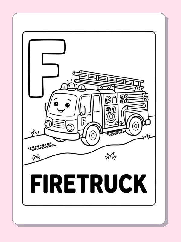 Uppercase F and detailed firetruck with ladder, hoses and printed word